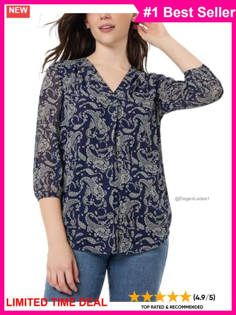 Plus Size 3/4 Sleeve V-Neck Tunic Top Blouse Classic Fit Pull On